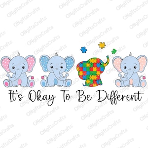 Może przedstawiać: Grafika z napisem "It's Okay To Be Different" i czterema kreskówkowymi słoniami. Dwa słonie są niebieskie w różowe kropki, jeden słoń jest zrobiony z puzzli w kolorze niebieskim, czerwonym, zielonym i żółtym, a ostatni słoń jest niebieski w różowe kropki.