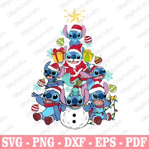 May include: A Christmas tree design featuring the character Stitch from Lilo & Stitch. Stitch is depicted in various poses, wearing Santa hats and surrounded by ornaments, gifts, and a snowman. The design includes the text "SVG - PNG - DXF - EPS - PDF".