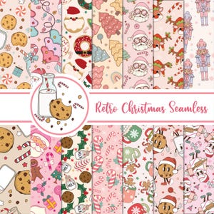 Puede incluir: Una colección de patrones navideños retro sin costuras en rosa, beige y blanco. Los diseños incluyen a Papá Noel, galletas, bastones de caramelo, árboles de Navidad y botellas de leche. El texto "Retro Christmas Seamless" se muestra en una pancarta rosa.