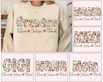 Personalized Grandma Flowers Png, Floral Mama Mom Mimi Png, Custom Grandkids Name Png, Mother’s Day Png, Mom Floral Png, Personalized Gifts