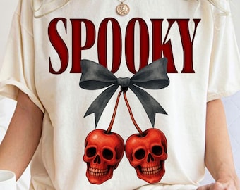 Halloween Skull Cherry Png, Gothic Cherry Bow Png, Halloween Skeleton Png, Spooky Cherries Png, Halloween Girly Png, Modna koszulka na Halloween
