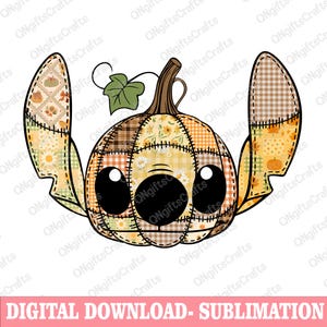 May include: A digital download sublimation design featuring a cartoon character with large black eyes, transformed into a pumpkin. The pumpkin-shaped character is composed of patchwork patterns in fall colors, with a stem and leaf. The text "DIGITAL DOWNLOAD - SUBLIMATION" is at the bottom.