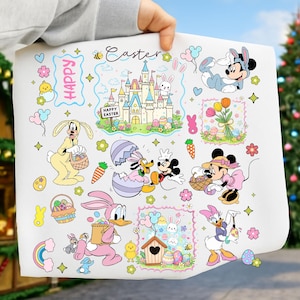 May include: A white sheet featuring colorful Easter-themed illustrations of Disney characters, including Mickey and Minnie Mouse, Donald Duck, and Goofy. The sheet includes the text "Happy Easter" and images of Easter eggs, flowers, and a castle.