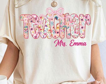 Personalized Preppy Teacher Floral Glitter Png, Coquette Teacher Png, Teacher Life Png,Floral Teacher, Back To School, Teacher Appreciation