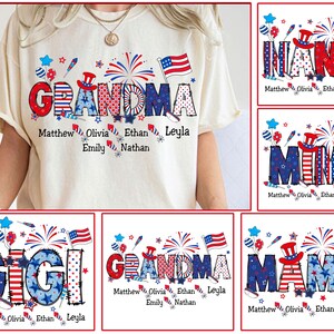 Puede incluir: Un conjunto de cinco camisetas con un diseño patriótico en colores rojo, blanco y azul. Las camisetas tienen las palabras "Abuela", "Nana", "Mimi", "Gigi" y "Mamá" con fuegos artificiales y banderas americanas. Cada camiseta tiene un espacio para agregar nombres.