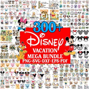 May include: A collage of Disney character graphics, such as Mickey Mouse, Minnie Mouse, and Winnie the Pooh. The image displays the text "300+ Disney Vacation Mega Bundle" in various formats, including PNG, SVG, DXF, EPS, and PDF.