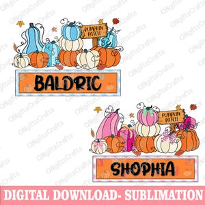 May include: Digital download sublimation design featuring colorful pumpkins, leaves, and the text "Pumpkin Patch." The design includes the names "Baldric" and "Shophia" on orange banners. The bottom banner reads "DIGITAL DOWNLOAD - SUBLIMATION."