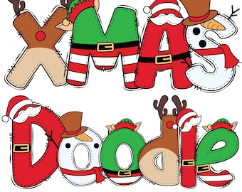 Christmas Doodle Alphabet Png, Xmas Doodle Alpha Bundle Set, Clip Art Alphabet Doodle Set PNG, Santa Snowman Reindeer Elf, Digital Download