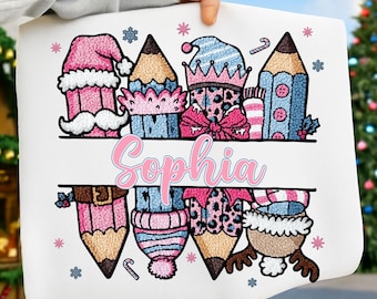 Custom Christmas Teacher PNG: Pastel Crochet Pencil Design (Digital Download)