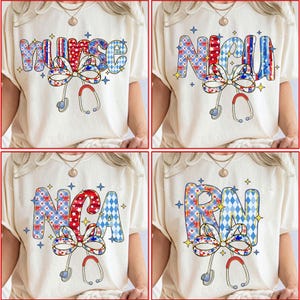 May include: Four cream-colored t-shirts with different designs. Each shirt features a word in colorful, patterned letters: "NURSE", "NICU", "NCA", and "RN". A bow and stethoscope graphic is below each word, with star accents.