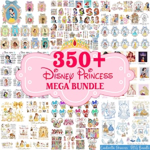 Pode incluir: Uma coleção de gráficos e ilustrações com o tema Princesas da Disney. A imagem apresenta várias princesas, citações e imagens relacionadas. O texto "350+ Disney Princess MEGA BUNDLE" é exibido em rosa. O tema geral está relacionado às princesas da Disney.