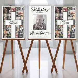 Pu&ograve; includere: Tre pannelli di poster bianchi su cavalletti di legno. Il pannello centrale presenta una foto in bianco e nero di un uomo e il testo "Celebrating the life of Arnie Miller December 19, 1942 May 21, 2024". Il pannello sinistro presenta un collage di foto con il testo "Always In Our Hearts". Il pannello destro presenta un collage di foto con il testo "Until We Meet Again".