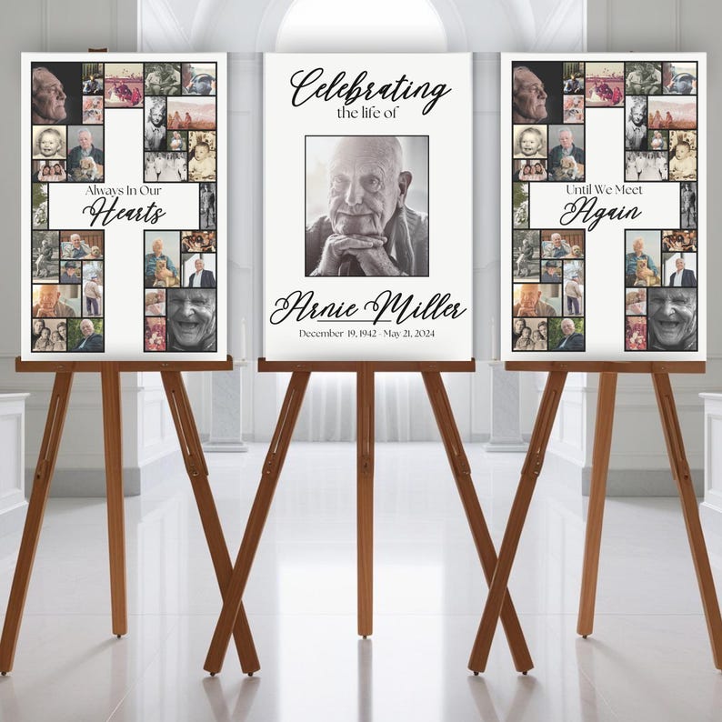 Pu&ograve; includere: Tre pannelli di poster bianchi su cavalletti di legno. Il pannello centrale presenta una foto in bianco e nero di un uomo e il testo "Celebrating the life of Arnie Miller December 19, 1942 May 21, 2024". Il pannello sinistro presenta un collage di foto con il testo "Always In Our Hearts". Il pannello destro presenta un collage di foto con il testo "Until We Meet Again".