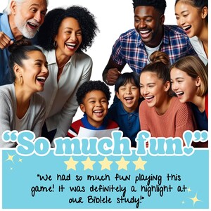 May include: A group of people laughing together while playing a game. The caption reads "So much fun!" and "We had so much fun playing this game! It was definitely a highlight at our Bible study!"