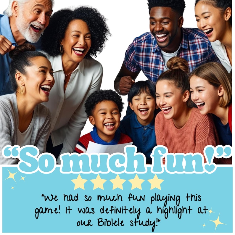 May include: A group of people laughing together while playing a game. The caption reads "So much fun!" and "We had so much fun playing this game! It was definitely a highlight at our Bible study!"