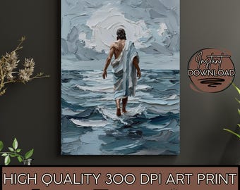 Jesus Walks On Water Painting, Jesus Christ Walks Modern Christian Art, Walk With Christ Jesus Portrait Digital Download Gospel Art Gift