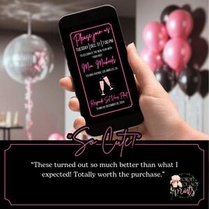 May include: A pink and black digital invitation for a New Year's Eve party. The invitation features a pink champagne flute with a pink drink and the text "Please join us Tuesday Dec. 31 7:00 PM to celebrate the New Year with your host Mia Michaels 123 Dek Avenue, Los Angeles, CA Respond Sil Vong Phait to Mia by December 26, 2024".