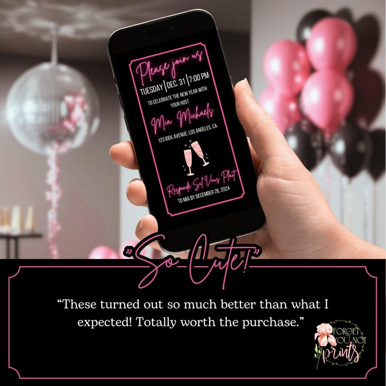 May include: A pink and black digital invitation for a New Year's Eve party. The invitation features a pink champagne flute with a pink drink and the text "Please join us Tuesday Dec. 31 7:00 PM to celebrate the New Year with your host Mia Michaels 123 Dek Avenue, Los Angeles, CA Respond Sil Vong Phait to Mia by December 26, 2024".