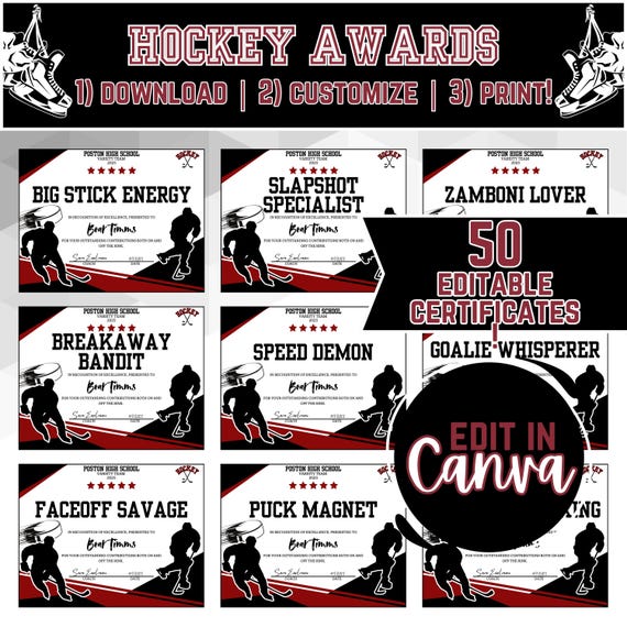 Editable Hockey Award Team Certificates, Team Recognition End of Season Award, Funny Team Awards, Hockey Season Superlative Awards,MVP Award