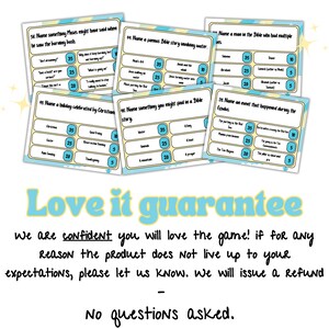 May include: A printable Bible trivia game with blue and yellow cards. The cards have questions and answers about the Bible. The text on the cards includes "Name something Moses might have said when he saw the burning bush", "Name a famous Bible story invoking water", "Name a man in the Bible who had multiple wives", "Name a holiday celebrated by Christians", "Name something you might find in a Bible story", and "Name an event that happened during the Exodus".