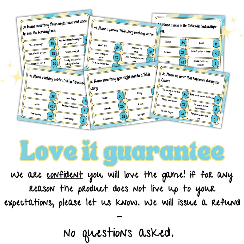 May include: A printable Bible trivia game with blue and yellow cards. The cards have questions and answers about the Bible. The text on the cards includes "Name something Moses might have said when he saw the burning bush", "Name a famous Bible story invoking water", "Name a man in the Bible who had multiple wives", "Name a holiday celebrated by Christians", "Name something you might find in a Bible story", and "Name an event that happened during the Exodus".