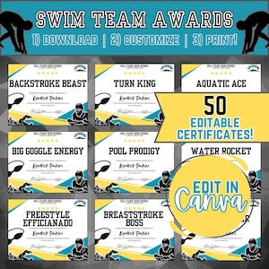 Druckbare Schwimmauszeichnungen, bearbeitbares Schwimmzertifikat, Schwimmtrainer-Schwimmauszeichnung, Schwimmteam-Sportauszeichnung, Teamanerkennung am Ende der Saison