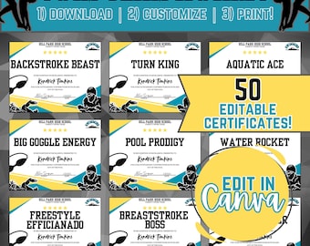 May include: A set of 8 printable swim team award certificates with yellow and blue backgrounds. The certificates feature a swimmer silhouette and the text "Swim Team Awards". The text "50 Editable Certificates!" is also included.