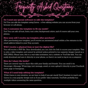 May include: A pink and black graphic with the text "Frequently Asked Questions" in white. The text below explains how to edit a template using Canva, a free online design tool. The text also explains how to share the template and how to get help editing the template.