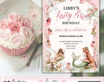 Fairy First Birthday Invitation, Pastel Unicorn Birthday Party Evite, Mermaid Invite, Fairy Princess Party, Unicorn Party, Fairy Tea Party