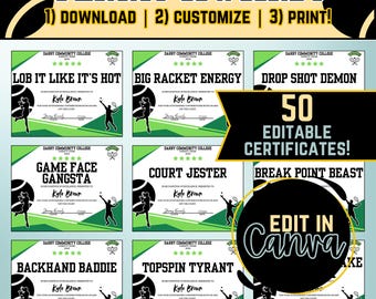 Editable Tennis Certificates Sports Award Printable, Team End of Season Award Tennis Printables, Awards Certificates Tennis Bundle Team Gift