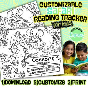 May include: A black and white safari reading tracker for children, featuring an elephant, monkey, and parrot. The design includes the text "Connor's Reading Safari" and instructions to download, customise, and print. The background is yellow and green.