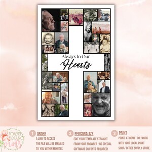 Pu&ograve; includere: Un collage di foto a forma della lettera "I" con il testo "Always In Our Hearts" in alto. Il collage &egrave; un memoriale per una persona cara.