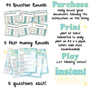 May include: A printable Bible-themed game with 70 question rounds and 5 fast money rounds. The game is formatted to print on 8.5 x 11 inch paper. The text on the image reads "Bible Friendly Feud" and "70 Question Rounds", "5 fast money Rounds", "5 questions each!" and "Purchase", "Print", "Play", "instant DOWNLOAD".