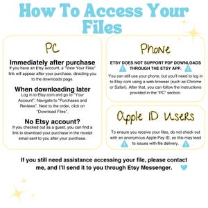 May include: A colorful infographic with instructions on how to access your digital files after purchasing them on Etsy. The infographic is divided into sections for PC, Phone, and Apple ID users. It includes text explaining how to download files using a web browser or the Etsy app.