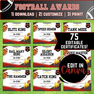 Personalized Flag Football Appreciation Awards, Editable Football Awards Printable, Custom Digital End of Year Awards Certificates Template