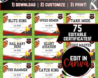 Personalized Flag Football Appreciation Awards, Editable Football Awards Printable, Custom Digital End of Year Awards Certificates Template