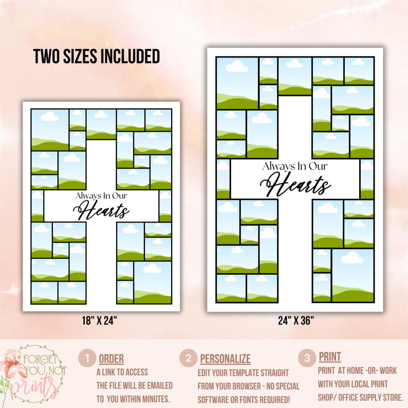 Pu&ograve; includere: Modello di collage fotografico stampabile a forma di croce con un design di paesaggio verde e blu. Il testo "Always In Our Hearts" &egrave; centrato sulla croce. Il modello &egrave; disponibile in due dimensioni: 18 pollici per 24 pollici e 24 pollici per 36 pollici.