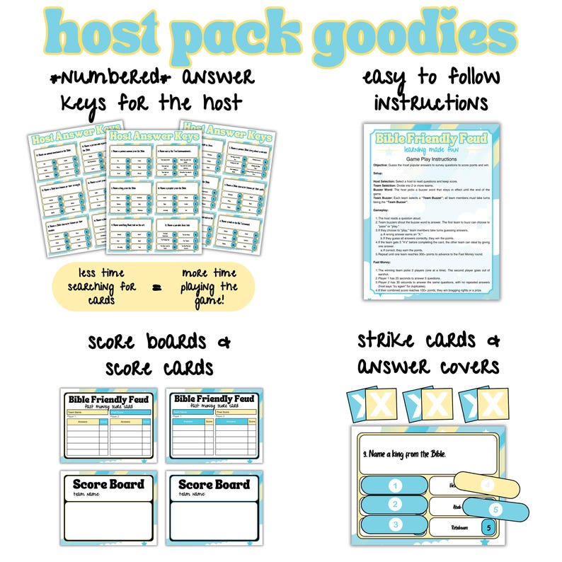 May include: A set of printable game materials for a Bible-themed trivia game called "Bible Friendly Feud". The set includes answer keys, scoreboards, strike cards, and answer covers. The materials are designed to be easy to use and follow. The game is perfect for families, groups, or church events.