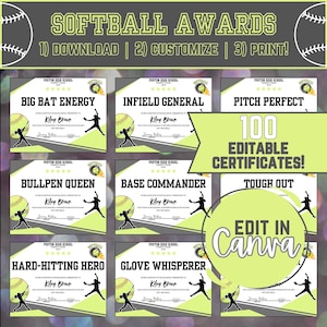 Könnte beinhalten: Ein Satz von 100 editierbaren Softball-Auszeichnung-Zertifikaten in einem grün-gelben Farbschema. Die Zertifikate zeigen eine Softball-Grafik und den Text "Softball Awards".