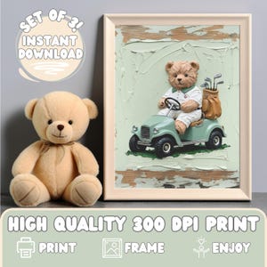 Boy Golf Nursery Art Set, Teddy Bear Nursery Golf Art, Golfing Nursery Digital Download, Golf Art Teddy Nursery, Sage Green Nursery Print
