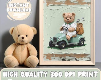 Boy Golf Nursery Art Set, Teddy Bear Nursery Golf Art, Golfing Nursery Digital Download, Golf Art Teddy Nursery, Sage Green Nursery Print