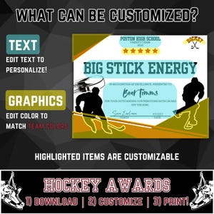 May include: A customizable hockey award certificate with a blue and green color scheme. The certificate features a hockey player silhouette, a hockey stick, and the text "Big Stick Energy".