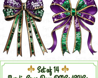 Mardi Gras PNG Bundle, Retro Mardi Gras SVG Bundle, Coquette Bow PNG, Mardi Gras Clipart, Mardi Gras Vibes, Disco Ball Sequin Bow, Set of 14
