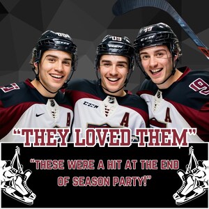 May include: Three hockey players wearing white and burgundy jerseys with the number 19 on the back. The players are smiling and looking at the camera. The text "THEY LOVED THEM" is written in large letters above the players. Below the players, the text "THESE WERE A HIT AT THE END OF SEASON PARTY!" is written in smaller letters.