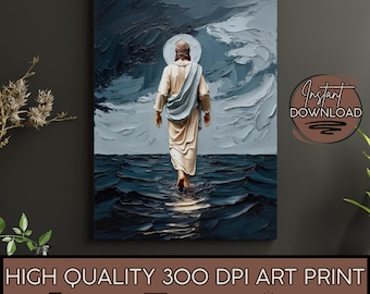 Jesus Walks On Water Painting, Jesus Christ Walks Modern Christian Art, Walk With Christ Jesus Portrait Digital Download Gospel Art Gift