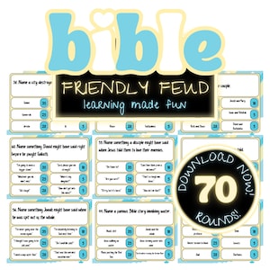 May include: A printable Bible-themed game for kids called "Friendly Feud" with 70 rounds. The game features questions about the Bible, with point values for each answer. The game is designed to be fun and educational for children.