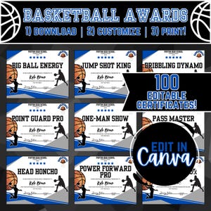 Premios de baloncesto personalizables, paquete de certificados de reconocimiento de equipo de baloncesto, certificados de reconocimiento de equipo de ceremonia de baloncesto