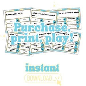 May include: A printable Bible trivia game with blue and yellow clouds and a white background. The game includes questions and answers with point values. The text on the game says "Purchase, print, play!"
