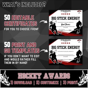 May include: A digital download of 50 editable hockey certificates and 50 printable templates. The certificates feature a red, white, and black color scheme with a hockey player graphic and the text "Big Stick Energy".