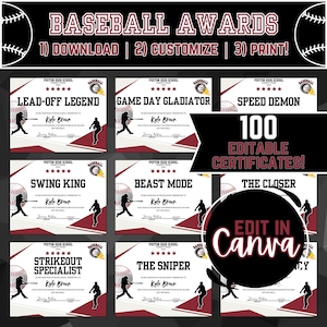 Personalized Baseball Award Templates, Baseball Certificate Printable Awards, End of Year Awards Sports Certificates, Baseball Awards, Tball